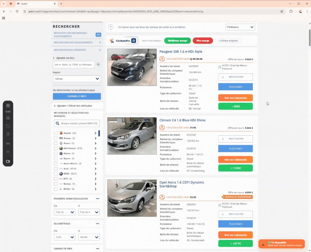 Démonstration ClicAutoPro — comparaison Auto1 vs Leboncoin et calcul de marge instantané