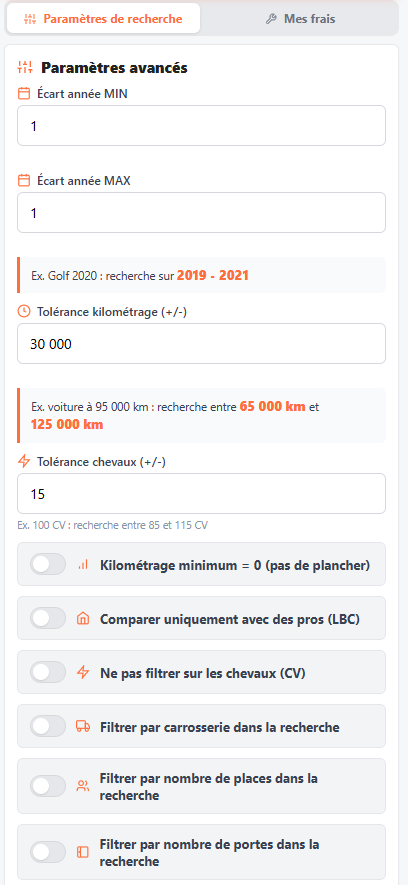 Paramètres de recherche ClicAutoPro — tolérance année, kilométrage, chevaux, filtres avancés